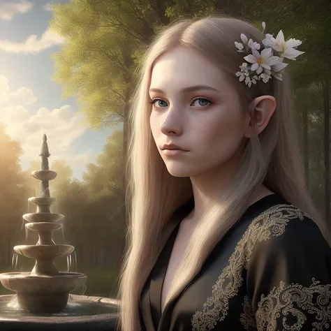 masterpiece, best quality, (realistic:1.3), highest quality, bust shot, cinematic lighting, highly detailed, sharp focus, extremely detailed, ultra realistic, depth of field, bokeh, Global Illumination, volumetric lighting, subsurface scattering, caustics, bloom, [reflections], [shadows], teenage elf girl wearing a shiny black silk lace kimono, at a (mystical fountain:1.05) in the woods, white clouds, rainbow, very long blonde hair, blue eyes, silk, (lace:1.1), tranparent, freckles, fantasy landscape, gentle smile