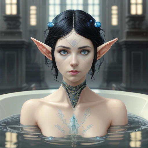 naked body portrait of female elf, nude::2, small breasts, black hair, blue eyes, intricate, elegant, highly detailed, digital painting, concept art, smooth, sharp focus, illustration, art by artgerm and greg rutkowski and alphonse mucha, public bath