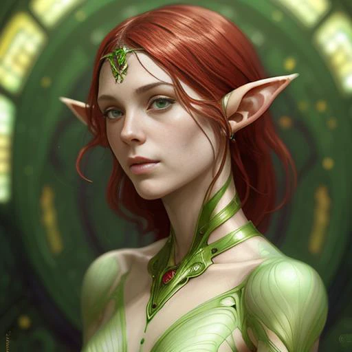 naked body portrait of female elf, nude::2, small breasts, red hair, green eyes, intricate, elegant, highly detailed, digital painting, concept art, smooth, sharp focus, illustration, art by artgerm and greg rutkowski and alphonse mucha, public bath