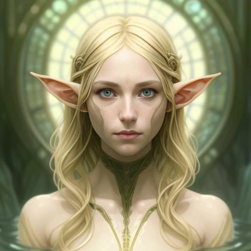 naked body portrait of female elf, nude::2, small breasts, blonde hair, yellow eyes, intricate, elegant, highly detailed, digital painting, concept art, smooth, sharp focus, illustration, art by artgerm and greg rutkowski and alphonse mucha, public bath