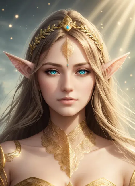 synthwave portrait of a elf woman as a beautiful goddess, light rays, light bands, lightgeo, beautiful intricate filegrid facepaint, intricate, elegant, highly detailed, digital painting, concept art