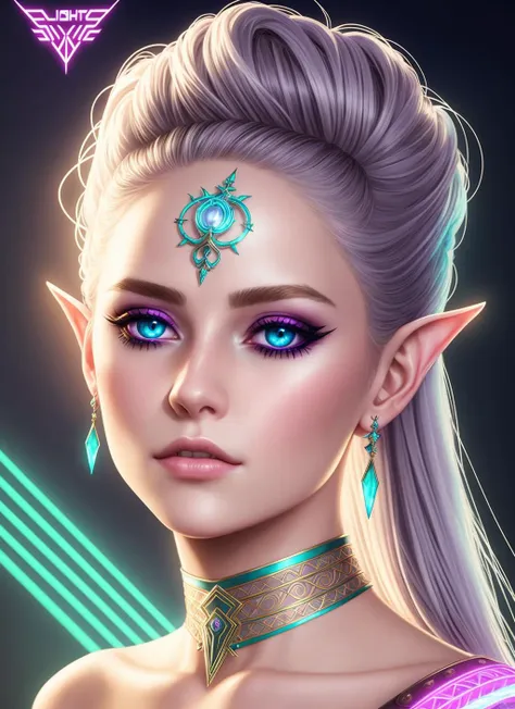 (swpunk style:1) synthwave portrait of a elf woman as a beautiful goddess, light rays, light bands, lightgeo, beautiful intricate filegrid facepaint, intricate, elegant, highly detailed, digital painting, concept art