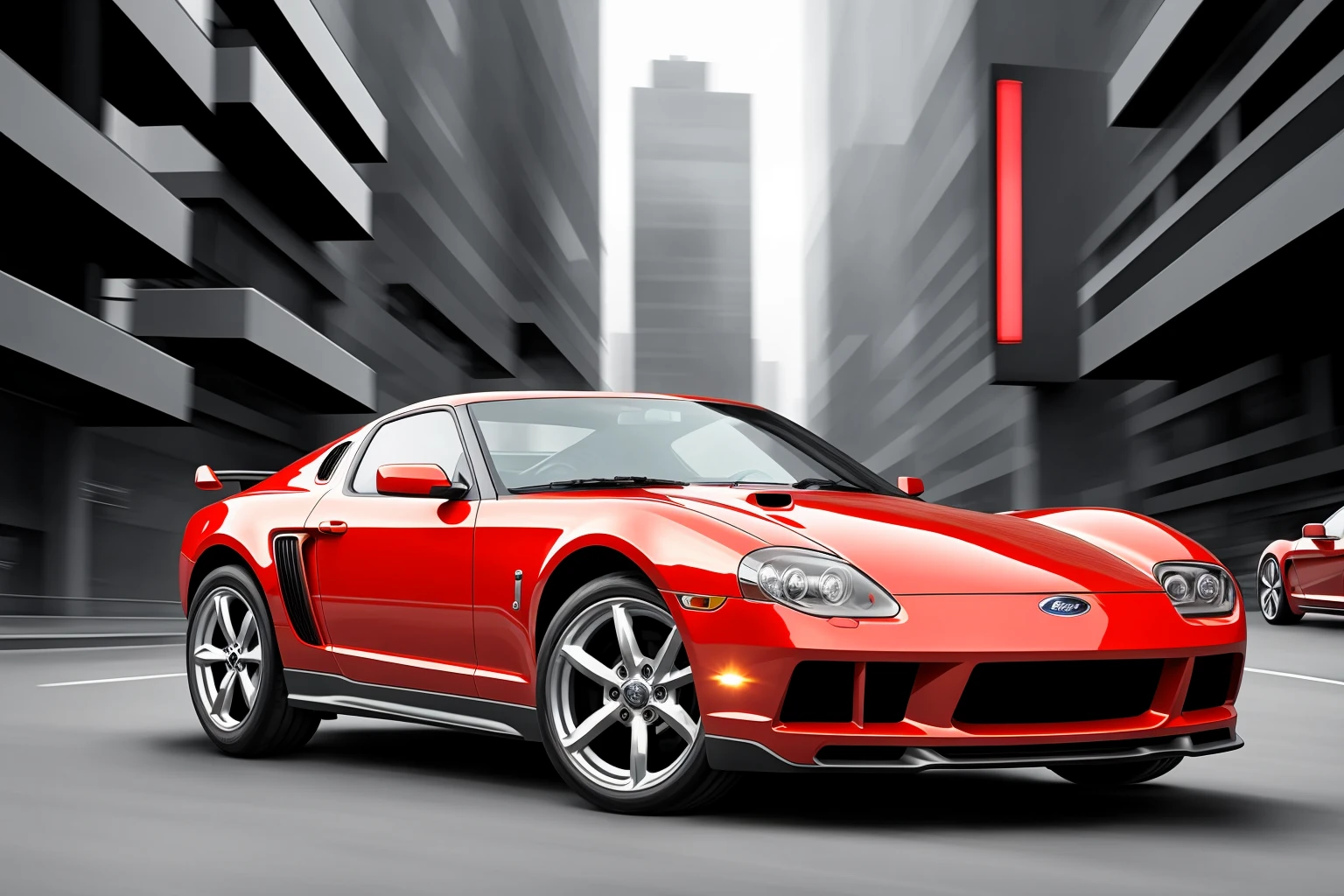 masterpiece, best quality, realistic, photo, red ford sports car, 4 doors, cyberpunk city