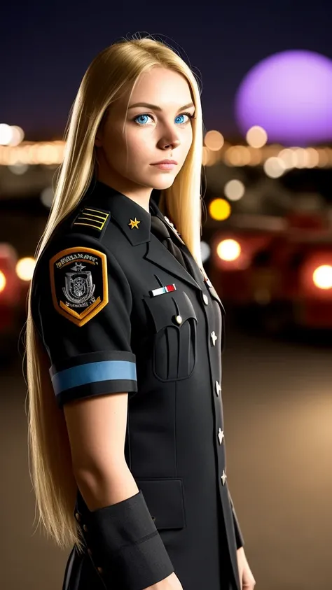 masterpiece, best quality, bokeh, depth of field, (women:1.2) as wearing a (black uniform:1.2), long blonde hair, at night, tattoos, at a military base, UFO in the background