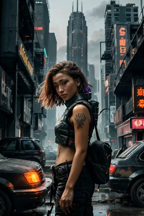 cyberpunk weapon woman tattoos, vest, swaat gear, cropped photo, Generate an atmospheric and neon-lit cityscape at night, with towering skyscrapers and holographic advertisements illuminating the dark streets. Incorporate a sense of grittiness and dystopian decay, with crumbling infrastructure and overgrown vegetation. The dominant color palette should be shades of blue, green, and yellow, with bursts of red and orange from neon signs and explosions. In the center of the image, depict a lone figure (human or android) standing atop a ruined building, looking out over the cityscape with a mixture of determination and despair in their expression. The figure should be dressed in a combination of futuristic and scavenged attire, with visible cybernetic enhancements. Surrounding the figure are hints of rebellion and resistance, such as graffiti-covered walls, makeshift barricades, and scattered scraps of technology and hardware. Incorporate atmospheric elements like smoke, mist, and sparks to add depth and texture to the scene.  <lora:cyberpunk_v4-000003:.7>close up  <lora:swaat_v2-000012:.5>