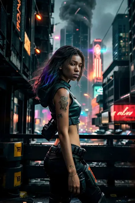 cyberpunk weapon woman tattoos, vest, swaat gear, cropped photo, Generate an atmospheric and neon-lit cityscape at night, with towering skyscrapers and holographic advertisements illuminating the dark streets. Incorporate a sense of grittiness and dystopian decay, with crumbling infrastructure and overgrown vegetation. The dominant color palette should be shades of blue, green, and yellow, with bursts of red and orange from neon signs and explosions. In the center of the image, depict a lone figure (human or android) standing atop a ruined building, looking out over the cityscape with a mixture of determination and despair in their expression. The figure should be dressed in a combination of futuristic and scavenged attire, with visible cybernetic enhancements. Surrounding the figure are hints of rebellion and resistance, such as graffiti-covered walls, makeshift barricades, and scattered scraps of technology and hardware. Incorporate atmospheric elements like smoke, mist, and sparks to add depth and texture to the scene.  <lora:cyberpunk_v4-000003:.7>close up  <lora:swaat_v2-000012:.5>