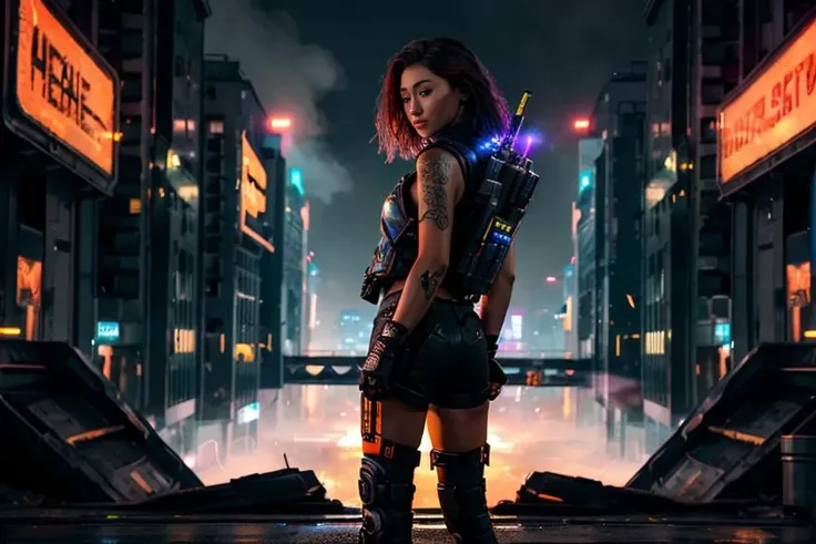 cyberpunk weapon woman tattoos, vest, swaat gear, cropped photo, Generate an atmospheric and neon-lit cityscape at night, with towering skyscrapers and holographic advertisements illuminating the dark streets. Incorporate a sense of grittiness and dystopian decay, with crumbling infrastructure and overgrown vegetation. The dominant color palette should be shades of blue, green, and yellow, with bursts of red and orange from neon signs and explosions. In the center of the image, depict a lone figure (human or android) standing atop a ruined building, looking out over the cityscape with a mixture of determination and despair in their expression. The figure should be dressed in a combination of futuristic and scavenged attire, with visible cybernetic enhancements. Surrounding the figure are hints of rebellion and resistance, such as graffiti-covered walls, makeshift barricades, and scattered scraps of technology and hardware. Incorporate atmospheric elements like smoke, mist, and sparks to add depth and texture to the scene.  <lora:cyberpunk_v4-000003:.7>close up  <lora:swaat_v2-000012:.5>