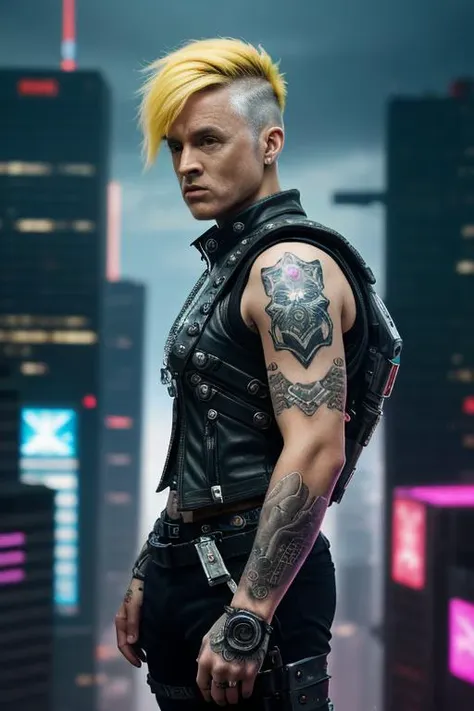 cyberpunk, man,  tattoos:1.4, fashion, weapon, character adorned with cybernetic enhancements, muscles,  leather vest, boots, science fiction, vivid, sharp, neon,short blonde hair,side view shot,(highly detailed masterpiece Realistic extremely hyper aesthetic trending on artstation),Vibrant fantasy detailed epic heroic Ethereal Lighting, top of sky scraper, Phase One XF IQ4 150MP,A lack of clear and concise safety procedures in place for different tasks  <lora:cyberpunk_v4-000003:.5>