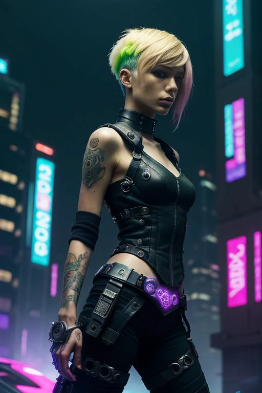 cyberpunk, woman, tattoos:1.4, fashion, weapon, character adorned with cybernetic enhancements, skinny, frail, leather vest, boots, science fiction, vivid, sharp, neon,short blonde hair,side view shot,(highly detailed masterpiece Realistic extremely hyper aesthetic trending on artstation),Vibrant fantasy detailed epic heroic Ethereal Lighting, top of sky scraper, Phase One XF IQ4 150MP,A lack of clear and concise safety procedures in place for different tasks <lora:cyberpunk_v4-000003:.5>