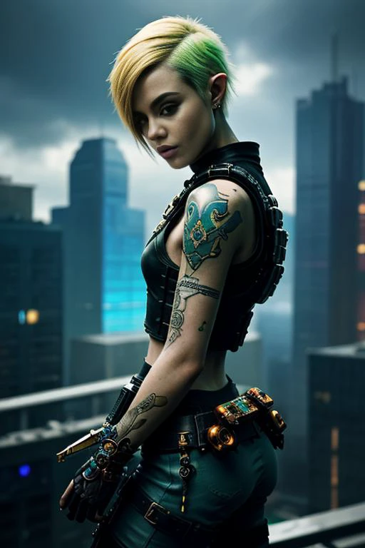 cyberpunk, woman,  tattoos:1.4, fashion, weapon, character adorned with cybernetic enhancements, skinny, frail,  leather vest, boots, science fiction, vivid, sharp, neon,short blonde hair,side view shot,(highly detailed masterpiece Realistic extremely hyper aesthetic trending on artstation),Legend of Zelda style Vibrant fantasy detailed epic heroic reminiscent of The Legend of Zelda series,Ethereal Lighting, top of sky scraper, Phase One XF IQ4 150MP,A lack of clear and concise safety procedures in place for different tasks  <lora:cyberpunk_v4-000003:.5>