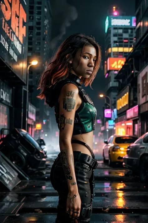 cyberpunk weapon woman tattoos, vest, swaat gear, cropped photo, Generate an atmospheric and neon-lit cityscape at night, with towering skyscrapers and holographic advertisements illuminating the dark streets. Incorporate a sense of grittiness and dystopian decay, with crumbling infrastructure and overgrown vegetation. The dominant color palette should be shades of blue, green, and yellow, with bursts of red and orange from neon signs and explosions. In the center of the image, depict a lone figure (human or android) standing atop a ruined building, looking out over the cityscape with a mixture of determination and despair in their expression. The figure should be dressed in a combination of futuristic and scavenged attire, with visible cybernetic enhancements. Surrounding the figure are hints of rebellion and resistance, such as graffiti-covered walls, makeshift barricades, and scattered scraps of technology and hardware. Incorporate atmospheric elements like smoke, mist, and sparks to add depth and texture to the scene.  <lora:cyberpunk_v4-000003:.7>close up  <lora:swaat_v2-000012:.5>