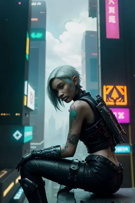 cyberpunk, woman, tattoos:1.4, fashion, character adorned with cybernetic enhancements, weapon, ((skinny)), frail, leather vest, boots, science fiction, vivid, sharp, sitting, neon, white short hair, side view shot,(highly detailed masterpiece Realistic extremely hyper aesthetic trending on artstation),Legend of Zelda style Vibrant fantasy detailed epic heroic reminiscent of The Legend of Zelda series,Ethereal Lighting, top of building, sky scrapers, Phase One XF IQ4 150MP,A lack of clear and concise safety procedures in place for different tasks <lora:seated_fashion_v2:.3><lora:cyberpunk_v4-000003:.5>