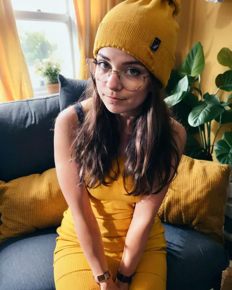 Nastassja Strobel, photo of nasti, yellow beanie, sitting on chair, (8k, RAW photo, best quality, masterpiece:1.2),ultra-detailed, (high detailed skin:1.2), 8k uhd, dslr, soft lighting, high quality, <lora:Nastassja_Strobel_v2:0.8> <lora:Model-EX_Enhancer:1>