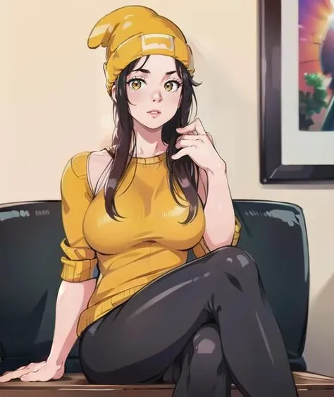 photo of nasti, yellow beanie, sitting on chair, <lora:nasti_v1:1> (8k, RAW photo, best quality, masterpiece:1.2),ultra-detailed, (high detailed skin:1.2), 8k uhd, dslr, soft lighting, high quality, black leggins,
