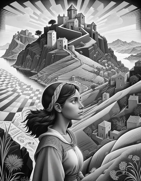 <lora:Graphic:1> Fantasy image,a peasant girl before a hill near the sea ,  geometric shapes, monochrome