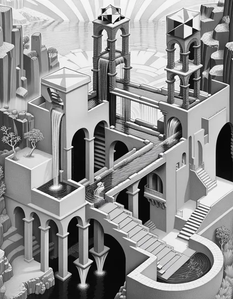 <lora:Graphic:1> Fantasy image with geometric forms, stairs, a waterfall with a infinite water flow loop, monochrome
