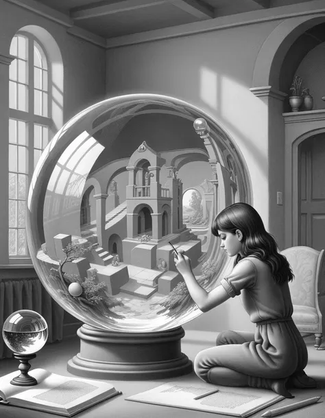 <lora:Graphic:1> Fantasy image, a glass sphere in a room reflects a girl in that room while she is drawing the glass sphere,  monochrome