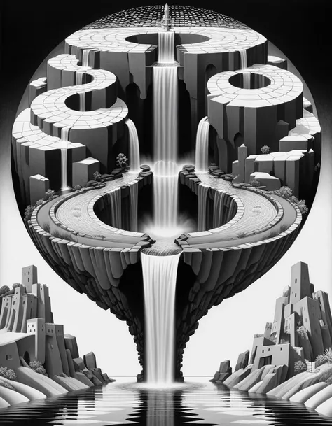 <lora:Graphic:1> Fantasy image with a waterfall with a infinite water round trip, infinite stream, geometric forms, monochrome