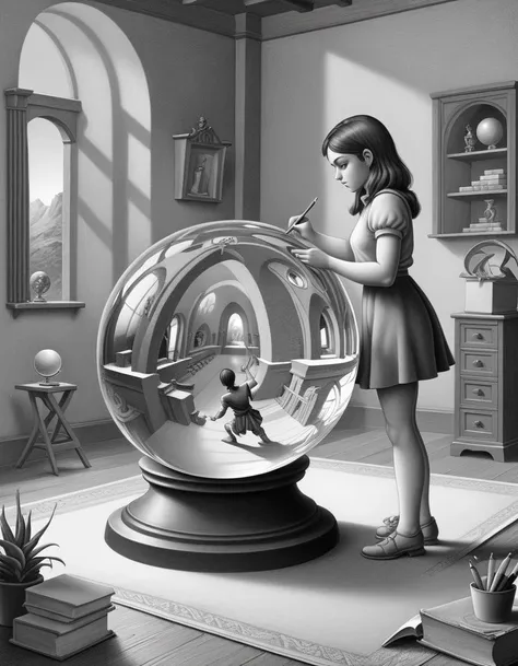 <lora:Graphic:1> Fantasy image, a glass sphere in a room reflects a girl in that room while she is drawing the glass sphere,  monochrome