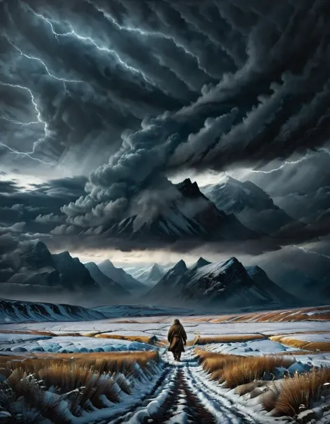 a Inuit man walks away across the fields into a dark and stormy night. Sharp background, a Inuit man walks away across the fields into a dark and stormy night. Sharp background, cinematic, professional, historic, beautiful, dramatic, draped color, detailed, strong, expressive, vibrant, flowing, intricate, incredible detail, pretty, inspiring, striking, stunning, amazing, winning, epic, artistic, fine, complex, highly coherent, calm, loving