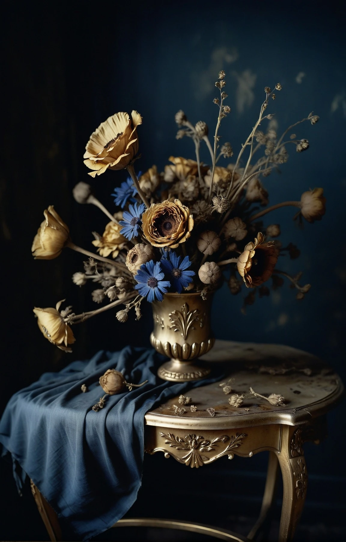 analog film photo. hip-hop theme, urban, dynamic portrait of a bouquet of decaying and rotting dead flowers on a gold ornamented side table, honey gold and olympian blue, nightime. Hard light, hard shadows, faded film, desaturated, 35mm photo, grainy, vignette, vintage, Kodachrome, Lomography, stained, highly detailed, found footage <lora:SDXL_black_and_color_Sa_May:1>