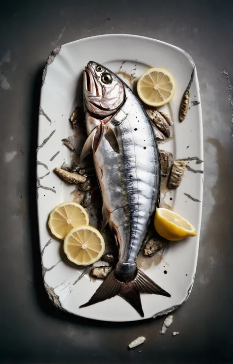 analog film photo. hip-hop theme, urban, dynamic portrait of a decaying and rotting large sardine on a white cracked ceramic platter, lemon slice, nightime. Hard light, hard shadows, faded film, desaturated, 35mm photo, grainy, vignette, vintage, Kodachrome, Lomography, stained, highly detailed, found footage <lora:SDXL_black_and_color_Sa_May:1>