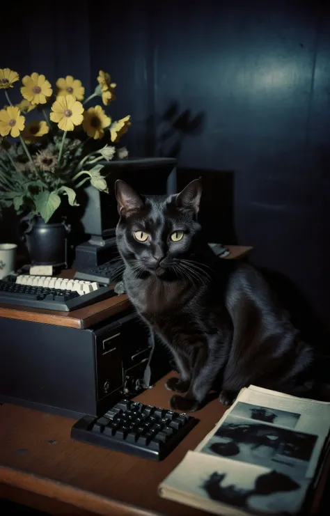 analog film photo. hip-hop theme, urban, dynamic portrait of a cute black cat sitting at his desk working hard on his vintage computer to generate more images of anime girls with big boobs, nightime, dead flowers in the background. Hard light, hard shadows, faded film, desaturated, 35mm photo, grainy, vignette, vintage, Kodachrome, Lomography, stained, highly detailed, found footage <lora:SDXL_black_and_color_Sa_May:1>