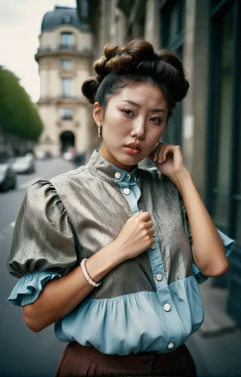analog film photo. hip-hop theme, urban, head and shoulders shot, dynamic portrait of a statuesque Japanese woman with a hungry expression (curvy and busty:1.4) wearing oversized and baggy Ruffled button-down blouse with a stand collar and balloon cuffs in a a urban environments in Paris with iconic landmarks, unique architecture and bustling streets providing endless backdrops, (puffy eyes:1.2), detailed face, stunning beauty, detailed skin, skin texture, skin pores, (freckles:0.5), bling bling, drip drip. Hard light, hard shadows, faded film, desaturated, 35mm photo, grainy, vignette, vintage, Kodachrome, Lomography, stained, highly detailed, found footage <lora:SDXL_black_and_color_Sa_May:1>