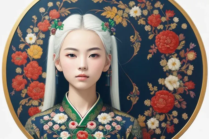 (masterpiece), (high detail),(ultra-detailed), featuring flowers and circles, blue background, multiple scattered and arranged flowers, blue and red and yellow and green color scheme, traditional chinese pattern, with square symmetrical composition,(1girl,white hair), <lora:conewloha06_old1:0.8:XYZ>