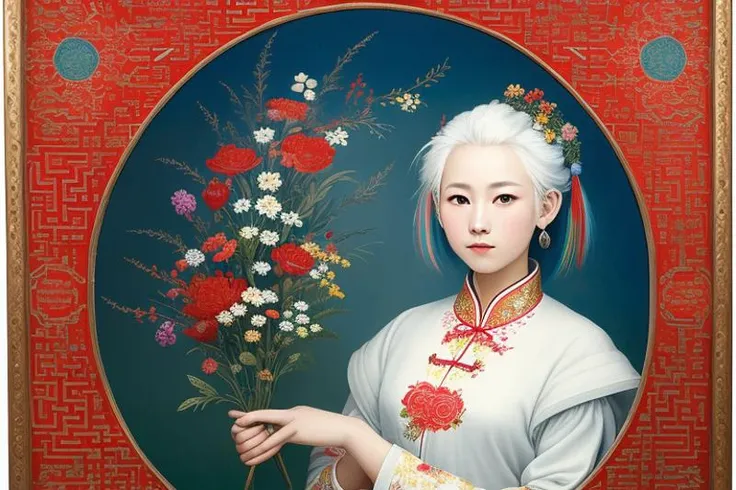 (masterpiece), (high detail),(ultra-detailed), featuring flowers and circles, blue background, multiple scattered and arranged flowers, blue and red and yellow and green color scheme, traditional chinese pattern, with square symmetrical composition,(1girl,white hair), <lora:conewloha06_old1:0.8:XYZ>