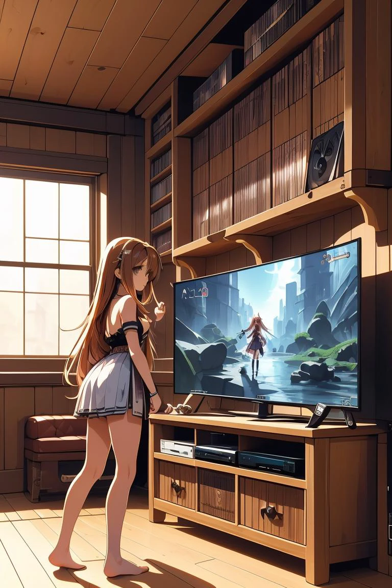 (masterpiece, best quality), 1girl,Chestnut Sleek Side Part, small breasts, <lora:girllikevideogame:1> playing videogame, RPG game interface on TV, manga bookcase, playstation, wooden floor, CD, dolls, sofa, table, poster, window