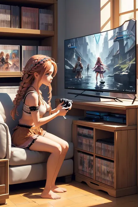 (masterpiece, best quality), 1girl,Salmon Braided Headband, medium breasts,  <lora:girllikevideogame:1> playing videogame, RPG game interface on TV, manga bookcase, playstation, wooden floor, CD, dolls, sofa, table, poster, window