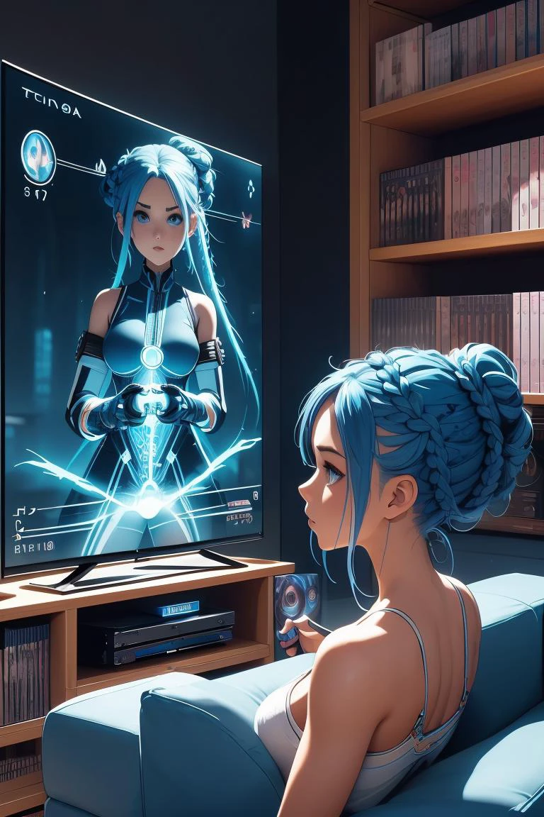 (masterpiece, best quality), 1girl,Electric blue Braided Chignon with Hair Stick, tiny breasts, <lora:girllikevideogame:1> playing videogame, RPG game interface on TV, manga bookcase, playstation, wooden floor, CD, dolls, sofa, table, poster, window