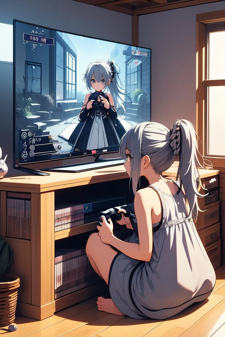 (masterpiece, best quality), 1girl,Silver Gray Ombre Twisted Low Ponytail, Size G breasts, <lora:girllikevideogame:1> playing videogame, RPG game interface on TV, manga bookcase, playstation, wooden floor, CD, dolls, sofa, table, poster, window