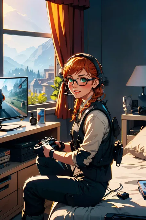 lis, glasses, green eyes, headset, orange hair, one braid, military clothes, bulletproof vest, black pants, looking at viewer, smiling, blush, side view, sitting, on bed, playing videogame, holding game controller, television, inside bedroom, window, curtain, soft lighting, high quality, masterpiece, <lora:girllikevideogame:.8> <lora:lis_(battlefield_2042):.6>