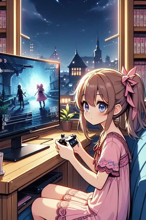 (((masterpiece))), (((best quality))), (((from side))), (((playing videogame))), ((RPG game interface on TV)), manga bookcase, playstation, solo, 1girl, ((sitting on sofa)), wooden floor, ribbon, brown twintails, pink lace dress, CD, dolls, table, poster, ((window)), (((night view))), <lora:girllikevideogame:1>