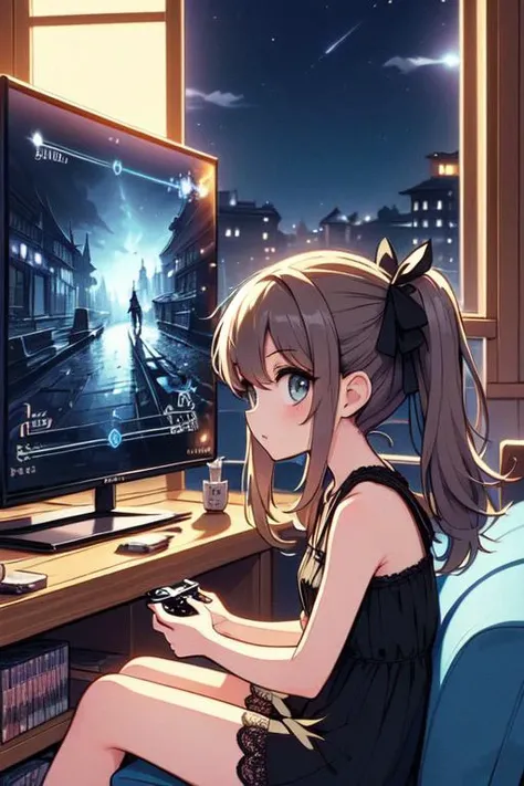 (((masterpiece))), (((best quality))), (((from side))), (((playing videogame))), ((RPG game interface on TV)), manga bookcase, playstation, solo, 1girl, (((sitting on sofa))), shy, blush, big tits, ribbon, brown twintails, black lace dress, legs, (bare feet), CD, dolls, table, poster, window, night view,  wooden floor, <lora:girllikevideogame:1>