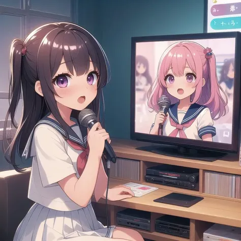 masterpiece,best quality,ultra detail, 2girls,  sailor uniform,petite,shiny eyes,blush,karaoke machine wired, holding a mic,subtitle on TV<lora:girllikekaraoke:0.7>