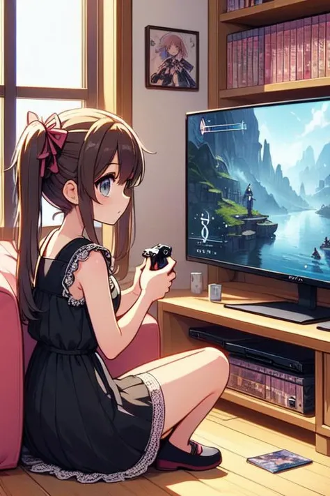 (((masterpiece))), (((best quality))), (((from side))), (((playing videogame))), ((RPG game interface on TV)), manga bookcase, playstation, solo, 1girl sitting on small sofa, wooden floor, ribbon, brown twintails, black lace dress, CD, dolls, table, poster, window,, <lora:girllikevideogame:1>