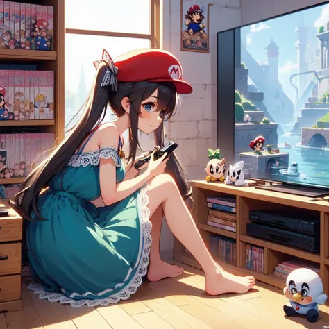 (((masterpiece))), (((best quality))), (((from side))), (((playing videogame))), (((super mario on green water pipe))), (((super mario game interface on TV))), ((manga bookcase)), playstation, solo, 1girl, sitting on carpet , smile, shy, blush, cleavage, big tits, ribbon, ((red hat)), ((black twintails)), ((red chiffon lace dress)), off shoulder, ((legs)), (((bare feet))), CD, ((dolls)), table, ((poster)), window, daytime view, wooden floor, <lora:girllikevideogame:1>