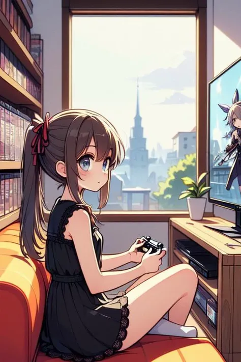 (((masterpiece))), (((best quality))),  (((from side))), (((playing videogame))), ((RPG game interface on TV)), manga bookcase, playstation, solo, ((1girl sitting sofa)), wooden floor, ribbon, brown twintails, black lace dress, CD, dolls, table, poster, window,,  <lora:girllikevideogame:1>