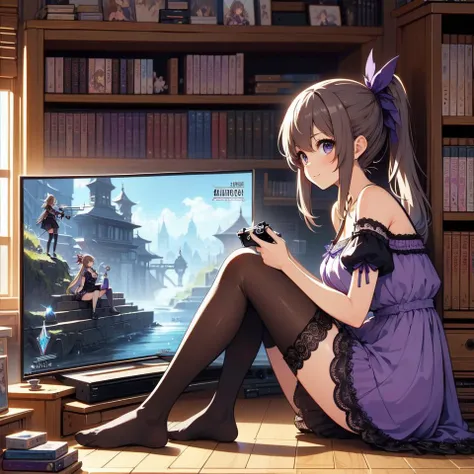 (((masterpiece))), (((best quality))), (((from side))), (((playing videogame))), (((final fantasy))), (((RPG game interface on TV))), ((manga bookcase)), playstation, solo, 1girl, sitting on carpet , smile, shy, blush, cleavage, big tits, ribbon, ((brown ponytail)), ((purple chiffon lace dress)), off shoulder, ((two legs)), ((black stockings)), ((feet)), CD, ((dolls)), table, ((poster)), window, daytime view,  wooden floor, <lora:girllikevideogame:1>