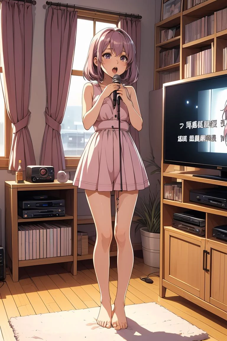 (masterpiece, best quality), 1girl, Mauve Slicked Back Hair, tiny breasts, <lora:girllikekaraoke:0.8> karaoke machine wired, singing, holding a mic, subtitle on TV, manga bookcase, sofa, carpet, poster, curtain, wooden floor, bare feet