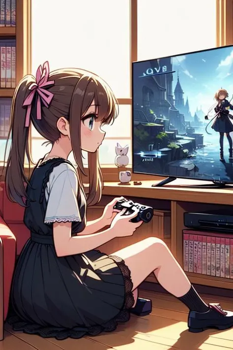 (((masterpiece))), (((best quality))),  (((from side))), (((playing videogame))), ((RPG game interface on TV)), manga bookcase, ((playstation)), solo, 1girl sitting sofa, wooden floor, ribbon, brown twintails, black lace dress, CD, dolls, table, poster, window,,  <lora:girllikevideogame:1>