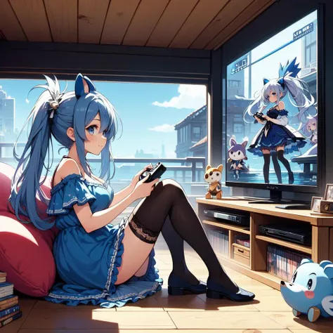 (((masterpiece))), (((best quality))), (((from side))), (((playing videogame))), (((blue onic the Hedgehog))), (((game interface on TV))), ((manga bookcase)), playstation, solo, 1girl, sitting on carpet , smile, shy, blush, cleavage, big tits, ribbon, ((muppet costume)), ((black twintails)), ((red chiffon lace dress)), off shoulder, ((black stockings)), CD, ((dolls)), table, ((poster)), window, daytime view,  wooden floor, <lora:girllikevideogame:1>