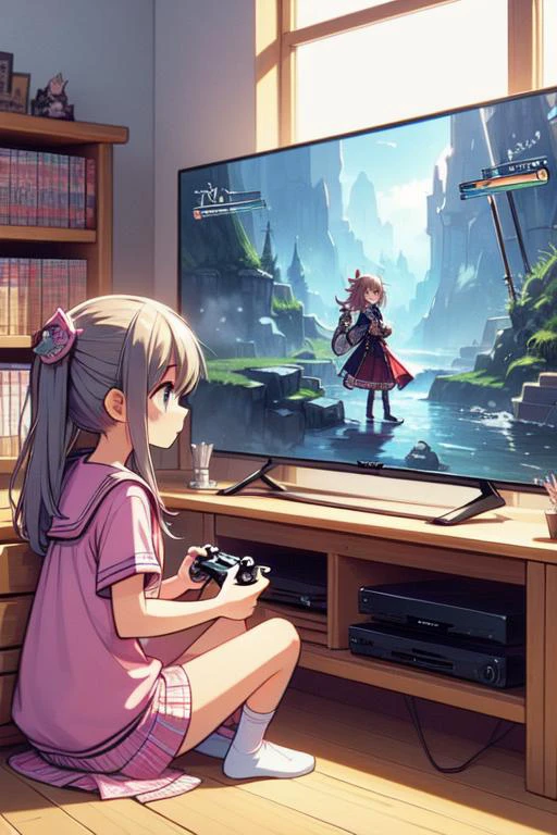 (((masterpiece))), (((best quality))), (((from side))), (((playing videogame))), ((RPG game interface on TV)), manga bookcase, playstation, solo, 1girl sitting wooden floor, CD, dolls, sofa, table, poster, window,, <lora:girllikevideogame:1>