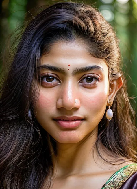 closeup portrait of skswoman, tired , wearing designer wear , with dark brown Ponytail , background forest epic (photo, studio lighting, hard light, sony a7, 50 mm, matte skin, pores, colors, hyperdetailed, hyperrealistic), <lyco:Sai Pallavi:1.2>