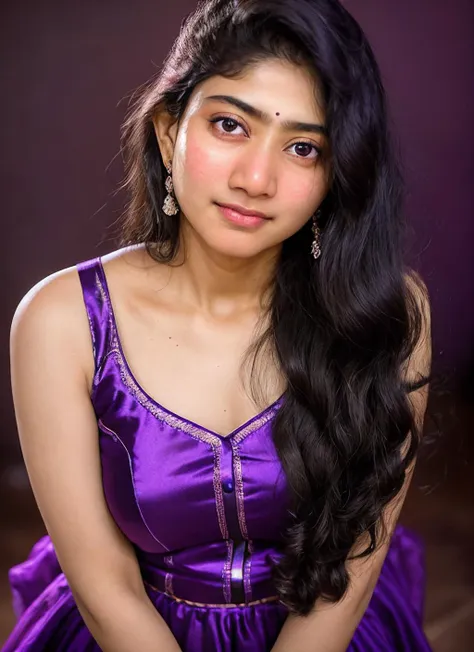 portrait of skswoman, suspicious , wearing organza , with purple Straight hair , background space epic (photo, studio lighting, hard light, sony a7, 50 mm, matte skin, pores, colors, hyperdetailed, hyperrealistic), <lyco:Sai Pallavi:1.1>