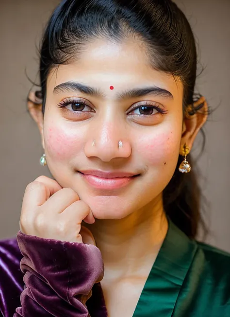 portrait of skswoman, bashful , wearing velvet , with brown Ponytail , background winter epic (photo, studio lighting, hard light, sony a7, 50 mm, matte skin, pores, colors, hyperdetailed, hyperrealistic), <lyco:Sai Pallavi:1.1>