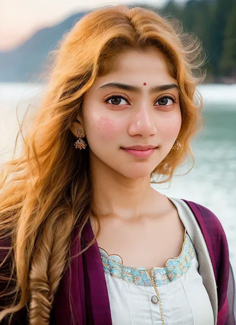 portrait of skswoman, :d , wearing silk , with strawberry blonde Bob , background frozen lakeside epic (photo, studio lighting, hard light, sony a7, 50 mm, matte skin, pores, colors, hyperdetailed, hyperrealistic), <lyco:Sai Pallavi:1.1>